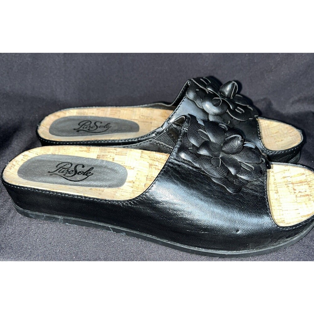 Pure Sole Cork Insole Sandals black leather with floral accent Women Sz 8 - Picture 2 of 14